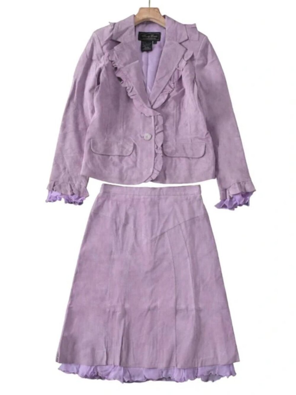 vtg Terry Lewis ruffle trim leather skirt suit